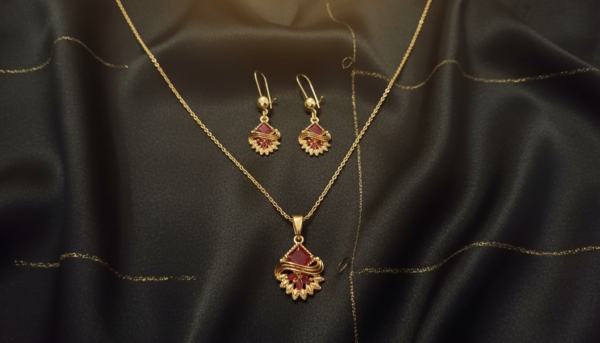 Traditional Gold Plated Ruby Red Stone Necklace Set with Matching Earrings | Indian Bridal Jewelry Set | Fan Design Pendant Necklace for Women | Wedding Party Wear Jewelry