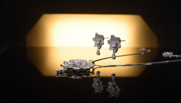 6357e2f6-eb9f-48c0-a195-2197a6eac954 Elegant Floral Diamond Necklace Set with Matching Earrings | Silver Jewelry Set for Women | Bridal Party Wear Necklace Set with Pink Gemstone Center