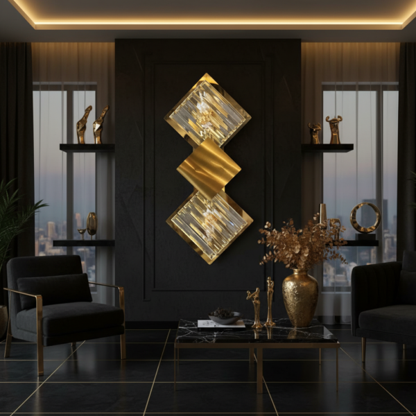76c2cb69-fa03-4e9c-8e85-13c18d5b0b38 Modern Gold Crystal Wall Sconce Diamond Shape LED Wall Light - Luxury Geometric Brass Wall Lamp for Living Room Bedroom Hallway Contemporary Home Decor