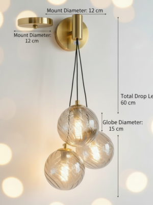 Modern 3-Light Hanging Globe Wall Sconce - Textured Glass Ball Wall Lamp with Gold Brass Base - Contemporary Minimalist Wall Light Fixture for Bedroom Living Room Hallway