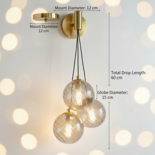 93a83e90-4d1b-491d-bf56-2ac05939ac35 Modern 3-Light Hanging Globe Wall Sconce - Textured Glass Ball Wall Lamp with Gold Brass Base - Contemporary Minimalist Wall Light Fixture for Bedroom Living Room Hallway