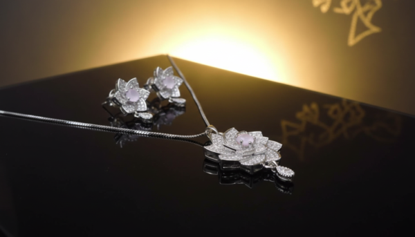 faa2b704-383b-46d9-9419-356d44cbc22a Elegant Floral Diamond Necklace Set with Matching Earrings | Silver Jewelry Set for Women | Bridal Party Wear Necklace Set with Pink Gemstone Center