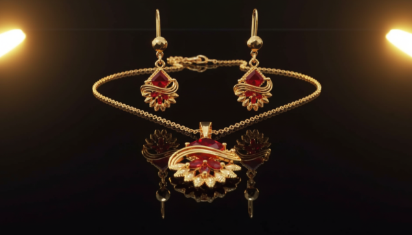 Traditional Gold Plated Ruby Red Stone Necklace Set with Matching Earrings | Indian Bridal Jewelry Set | Fan Design Pendant Necklace for Women | Wedding Party Wear Jewelry